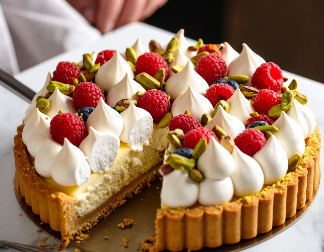 Tarta sin gluten con crema frangipane, fresas silvestres y merengue