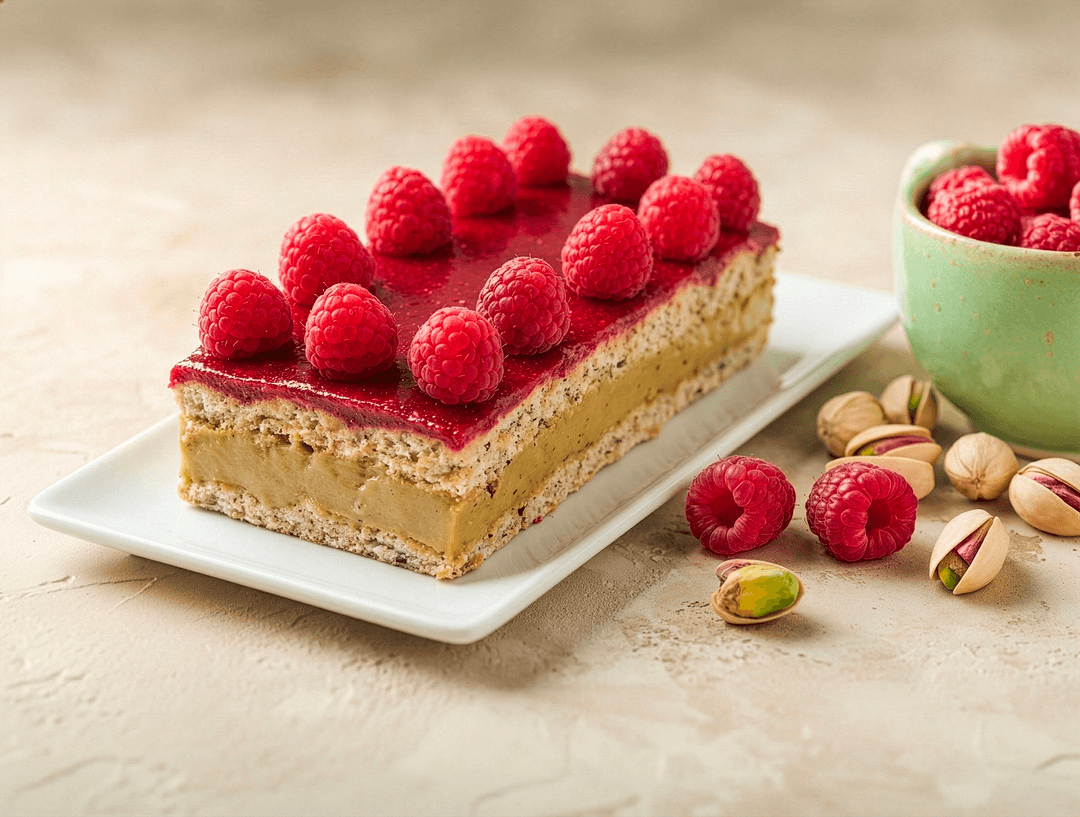 Dacquoise con Crema Pistacchi e Gelée di Lamponi
